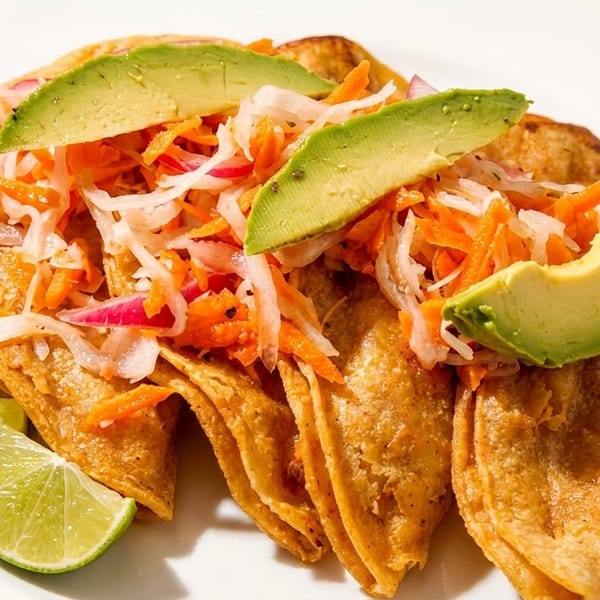Golden fried tacos topped with shredded carrots, cabbage, red onion, and avocado slices, with lime wedges.