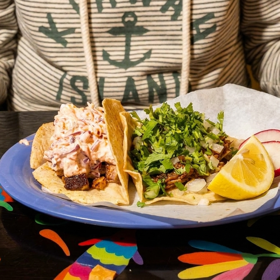 Two tacos, one with slaw and one with cilantro and onions, on a blue plate.